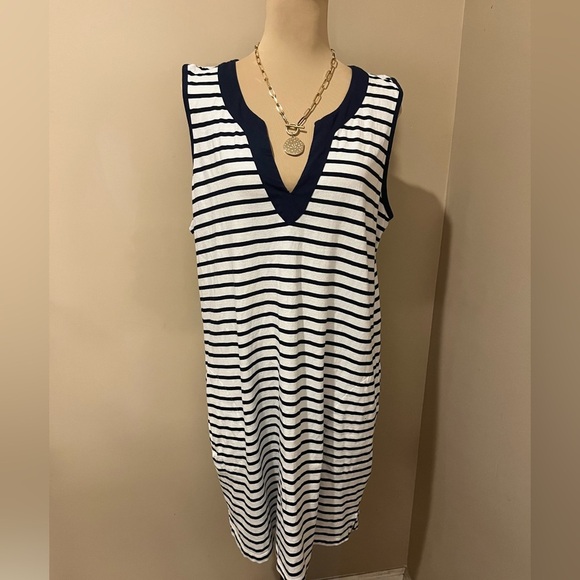 Lands' End Cotton Jersey Notch Neck in Navy & White Striped Sleeveless Dress, XL - Picture 3 of 9